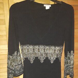 Body Central SZ S Black Low V Beaded Gold Fancy Special Occasion Tunic Top